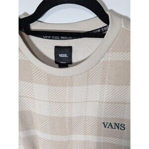 Vans Off The Wall Men's Medium Tan Plaid Fleece Crewneck Sweatshirt Pullover EUC